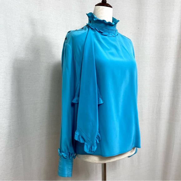 Chloe Vintage Teal Blue Mock Neck Ruffle Blouse - Picture 3 of 10